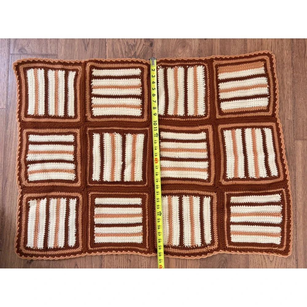 Vintage Handmade Crochet Patchwork Throw Blanket Brown Cream Geometric 41x31